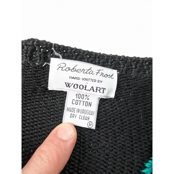 Vintage‎ Roberta Frost Woolart Cardigan Black Floral Rose Long Sleeve One Size - Picture 2 of 6